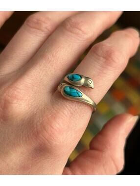 Vintage Silver Double Bird Ring Turquoise Inlay Adjustable Boho Wrap